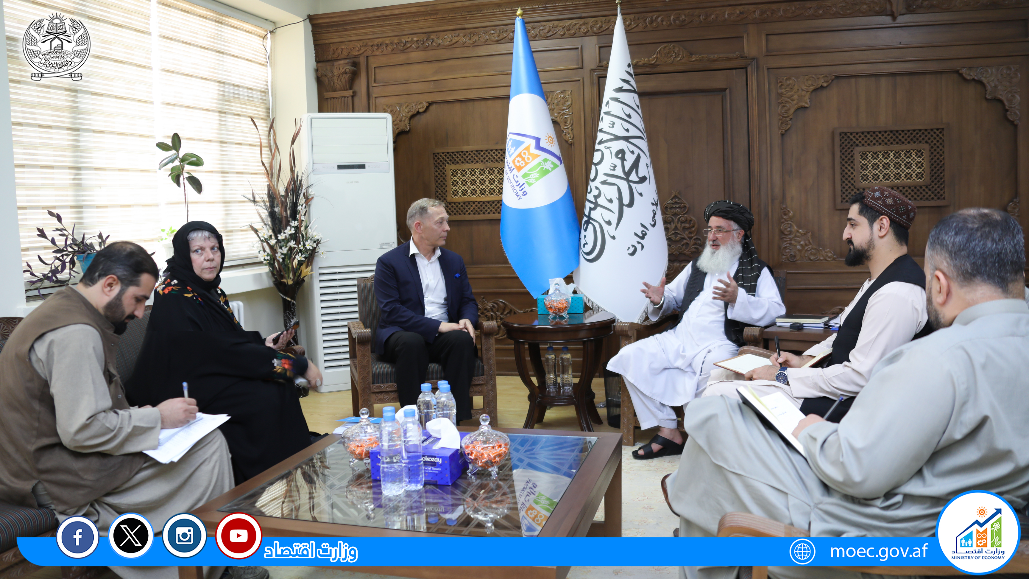 The meeting of Acting Minister of Economy, Alhaj Qari Din Muhammad Hanif, with Daniel Andris, the head of the United Nations Office for the Coordination of Humanitarian Aid in Afghanistan, and Mrs. Isabelle Mussard, the head of OCHA.